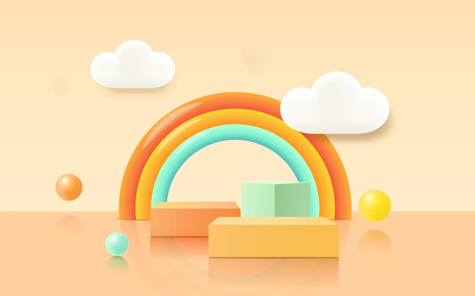 Podio de renderizado 3d, fondo pastel colorido, nubes y clima con espacio vacío para niños o productos para bebés vector