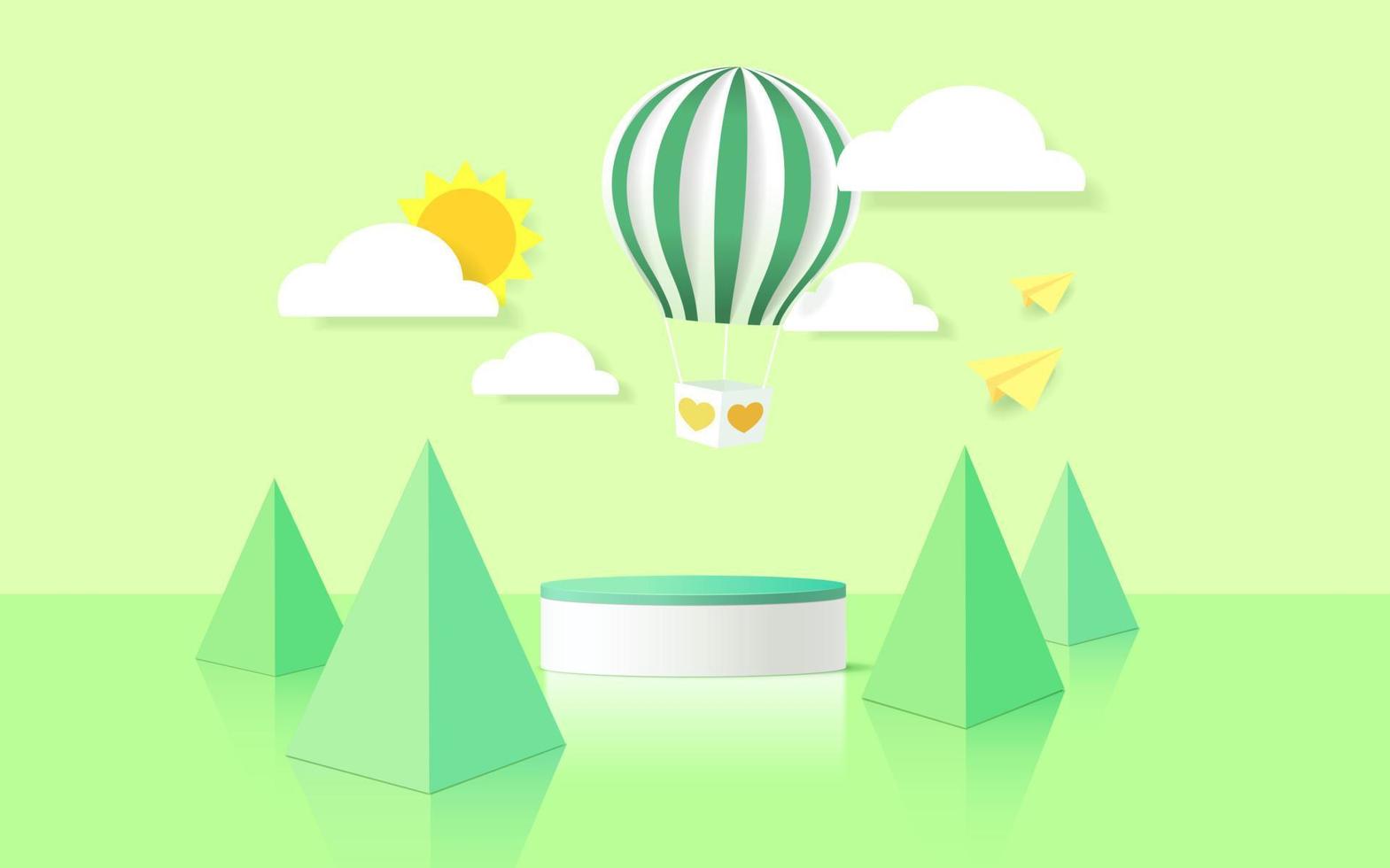 Podio de representación 3d, fondo verde colorido, nubes y clima con espacio vacío para niños o productos para bebés vector
