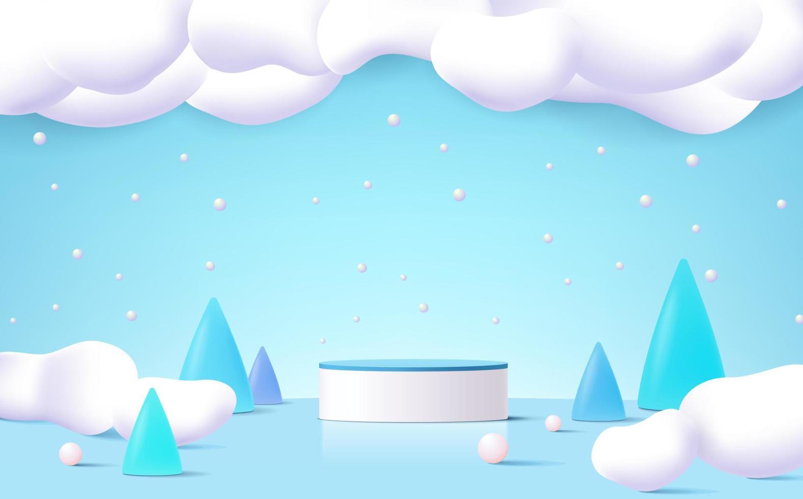 Podio de producto 3d, fondo de color pastel, nubes, clima con espacio vacío para niños o productos para bebés. vector