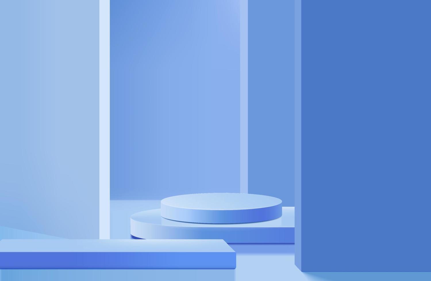 Abstract 3D cylinder pedestal podium with blue minimal wall scene and shadow. Modern vector rendering geometric platform for cosmetic product display presentation.