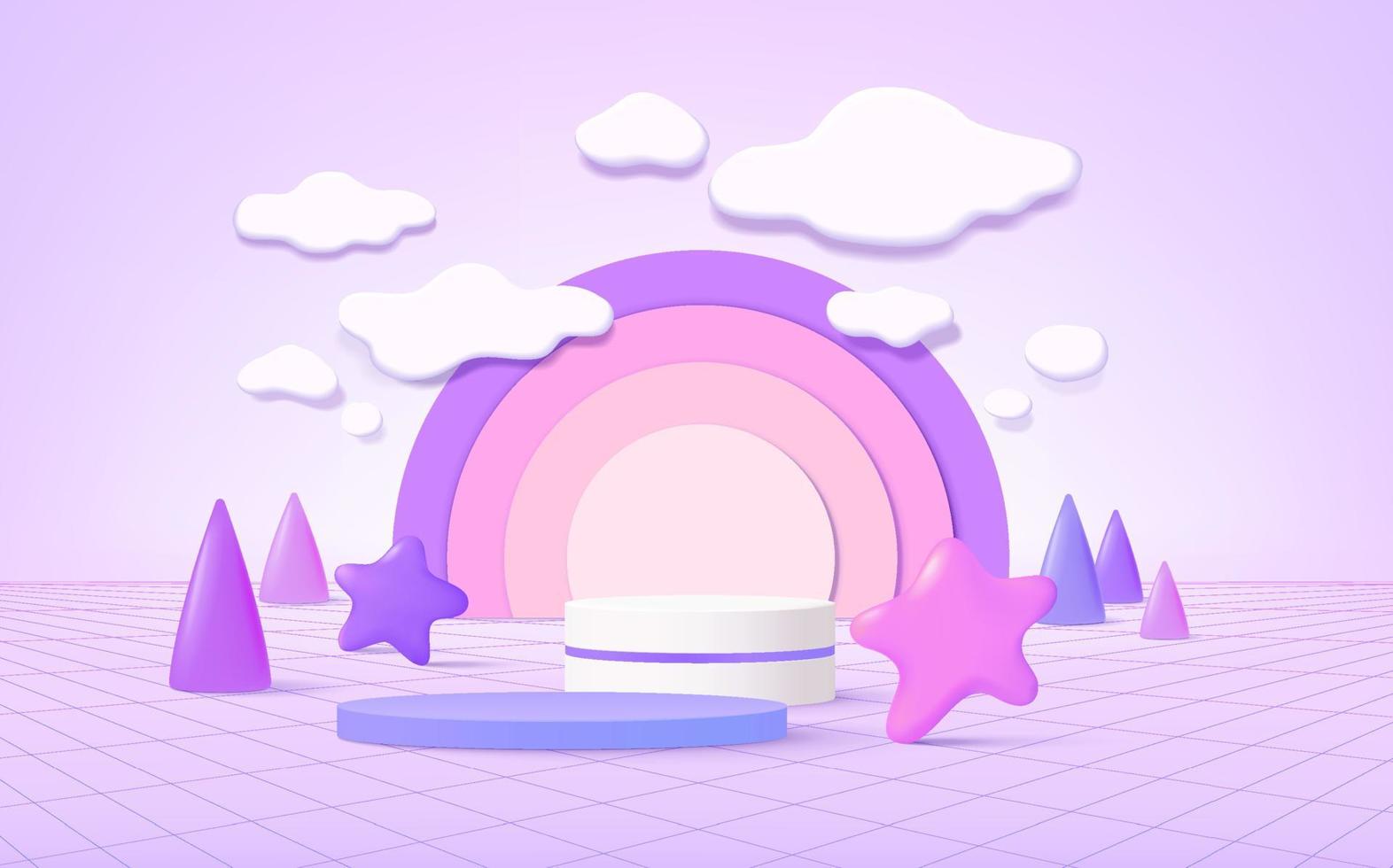 Podio de producto 3d, fondo de color pastel, nubes, clima con espacio vacío para niños o productos para bebés. vector