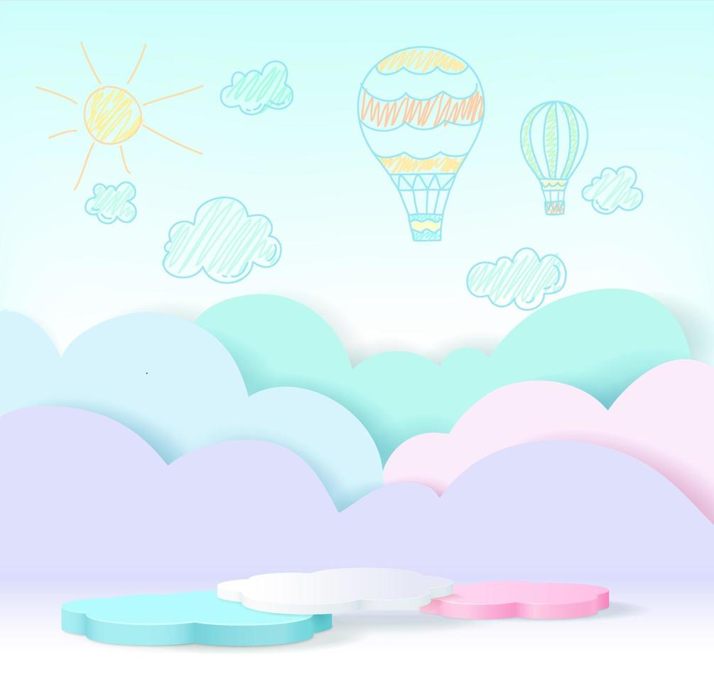 Podio de producto 3d, fondo de color pastel, nubes, clima con espacio vacío para niños o productos para bebés. vector