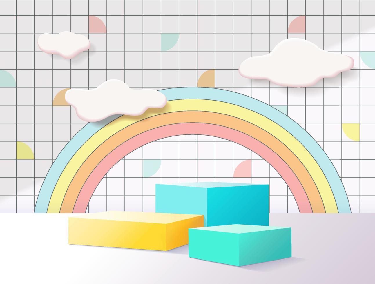 Estilo infantil de podio de representación 3d, fondo colorido, nubes y clima con espacio vacío para niños o productos para bebés vector