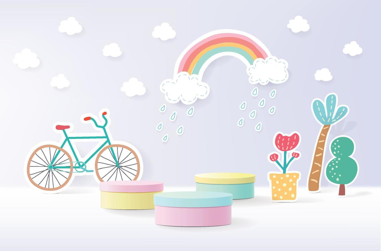 Paper cut landscape banner with rainbow and clouds made in realistic paper craft art. Kids colorful podium product display vector