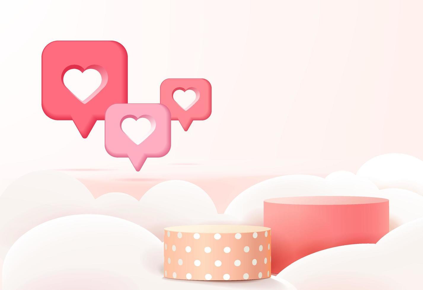 Valentine's day banner template with 3D hearts, shining lights and podium. Vector illustration