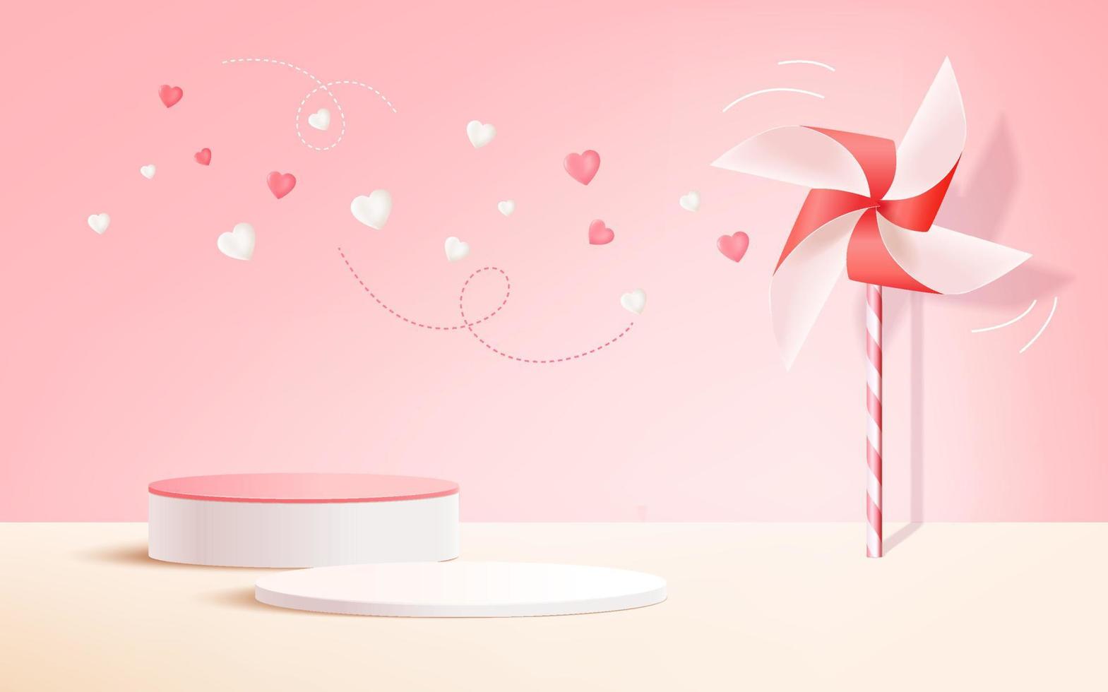 plantilla de banner del día de san valentín con corazones 3d, luces brillantes y podio. ilustración vectorial vector