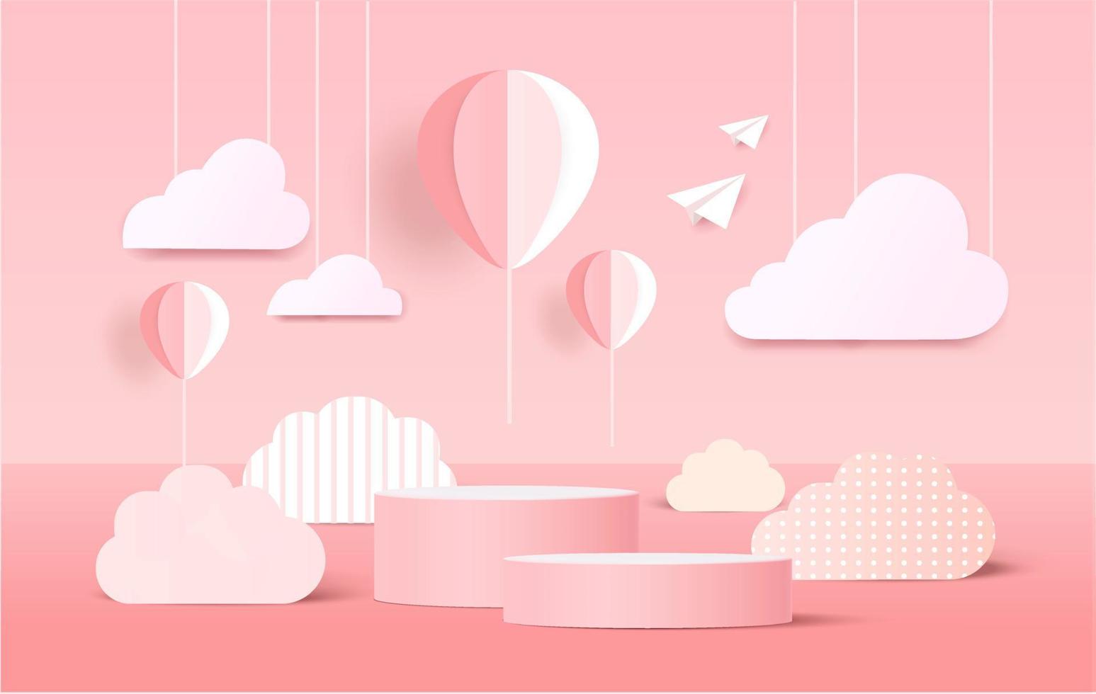 Paper cut landscape banner with rainbow and clouds made in realistic paper craft art. Kids colorful podium product display vector