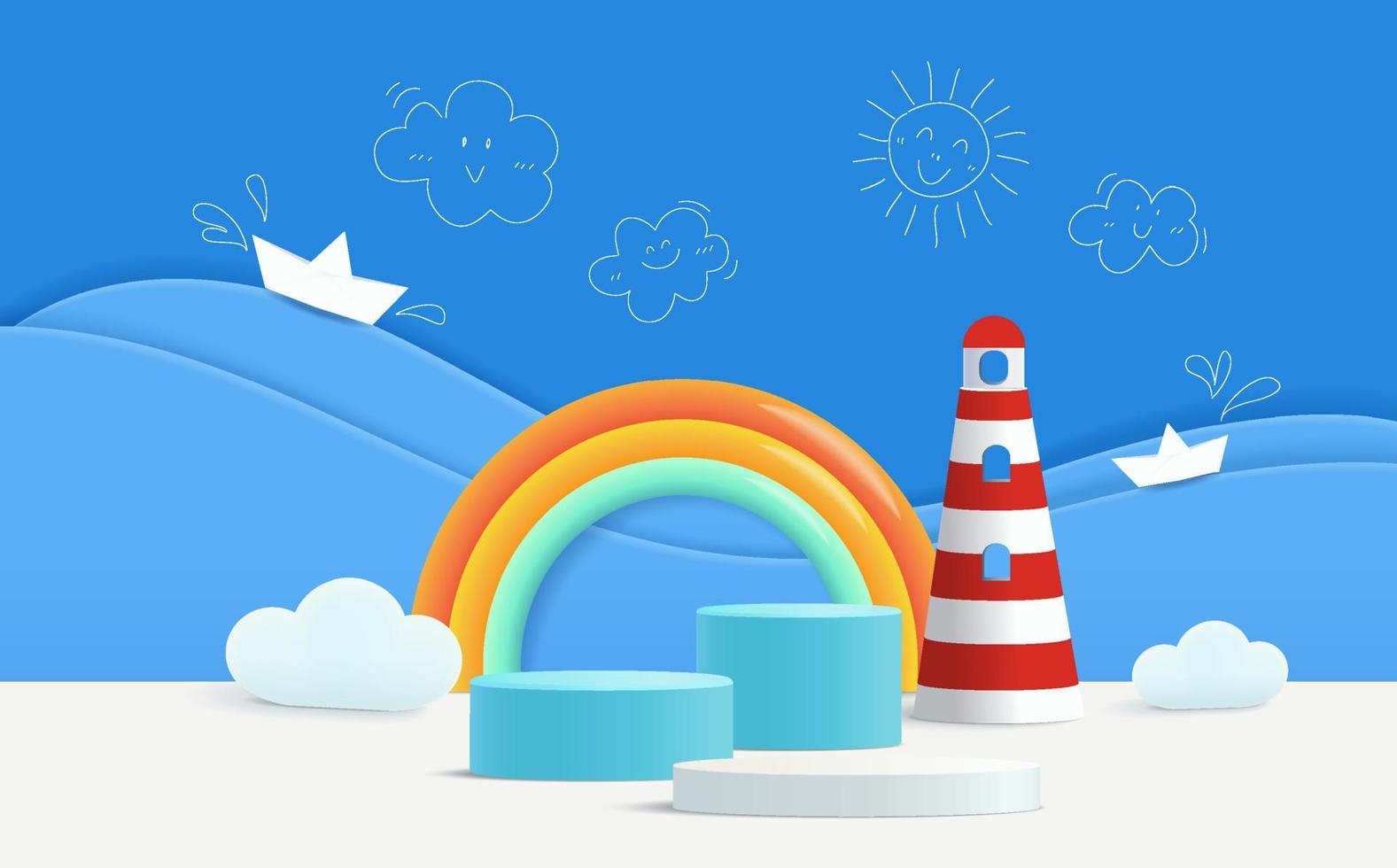 3d render podium with sea concept for kids or baby product. vector