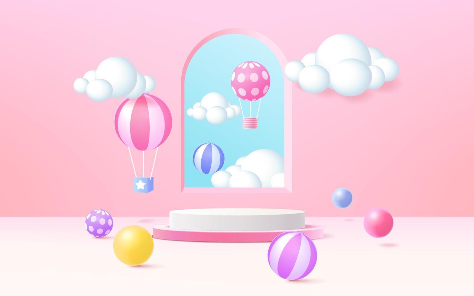 Estilo infantil de podio de renderizado 3d con fondo pastel colorido, nubes y clima con espacio para niños o productos para bebés vector