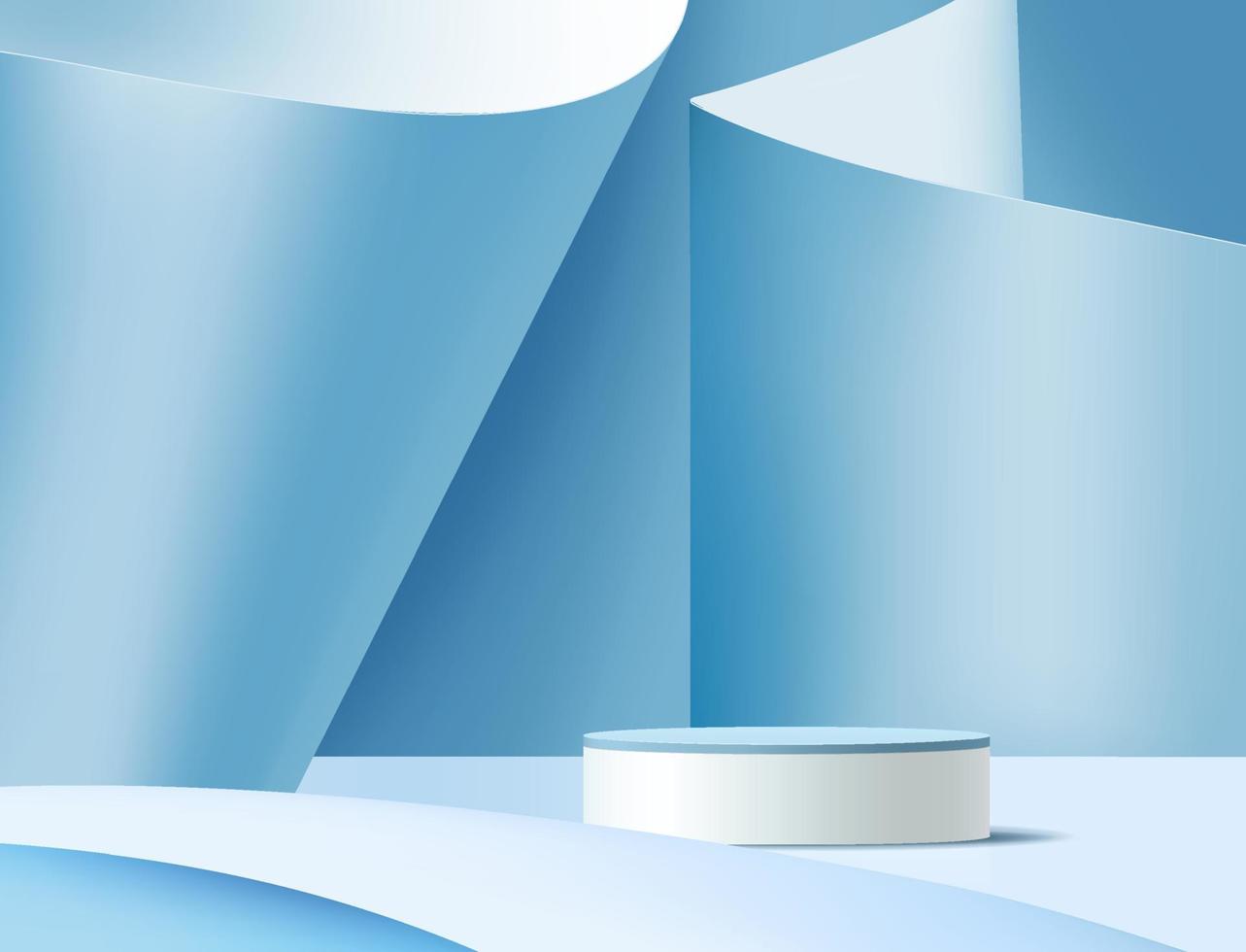 Abstract 3D white cylinder pedestal podium with beige geometric cube platform. Light blue minimal wall scene with lighting. Modern vector rendering for cosmetic product presentation.