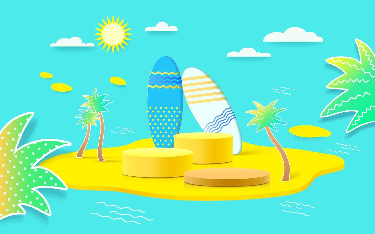 Summer background product display scene with surfboard. sky cloud background on the ocean display. vector