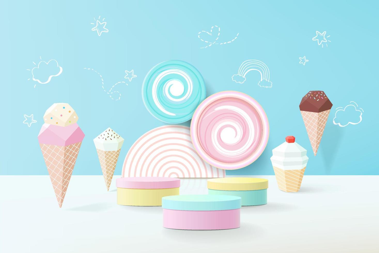 3D rendering podium kid style with colorful pastel background with space for kids or baby product vector