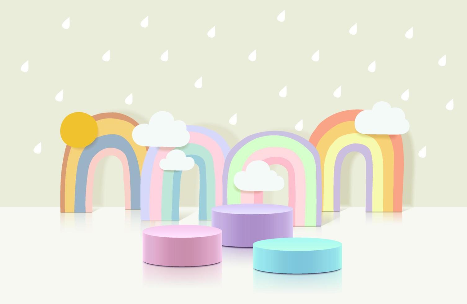 paisaje ilustrativo con un arco iris en el fondo del cielo. corte de papel de diseño creativo y estilo artesanal. tono de colores pastel simple. vector