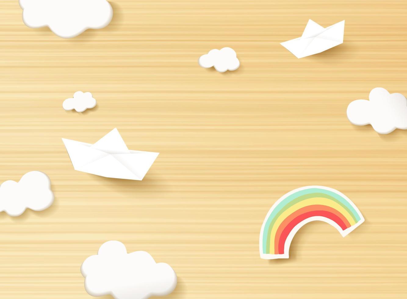 Cute children or baby card, white clouds and paper cut rainbow on the wooden background vector