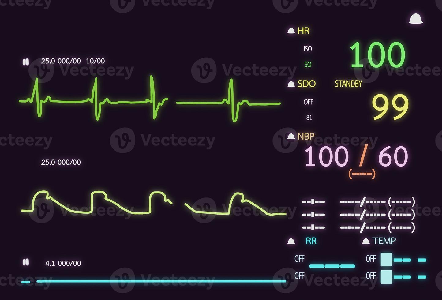 Patient monitor showing vital signs ECG and EKG. Vector illustration. photo