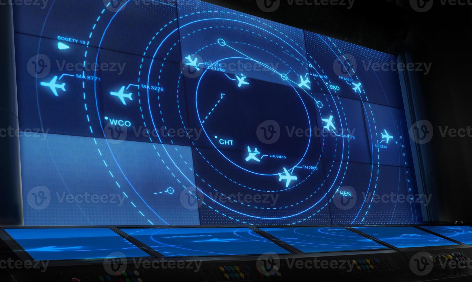 Simulation screen showing various flights for transportation and passengers. photo