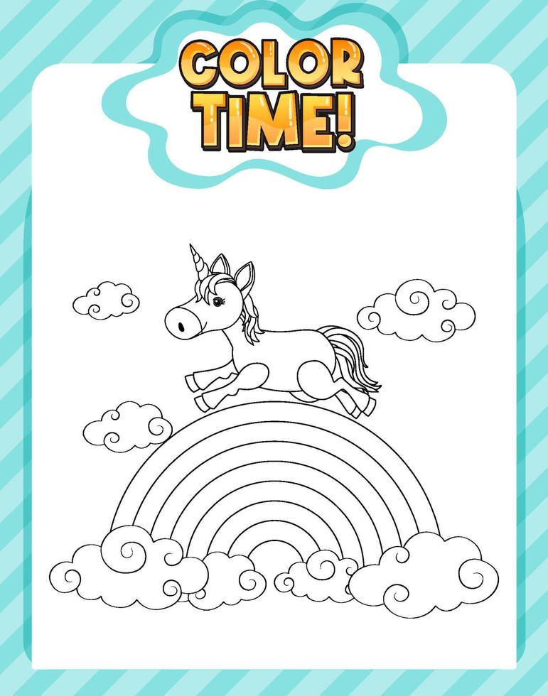 Worksheets template with color time text and rainbow with Unicorn outline vector
