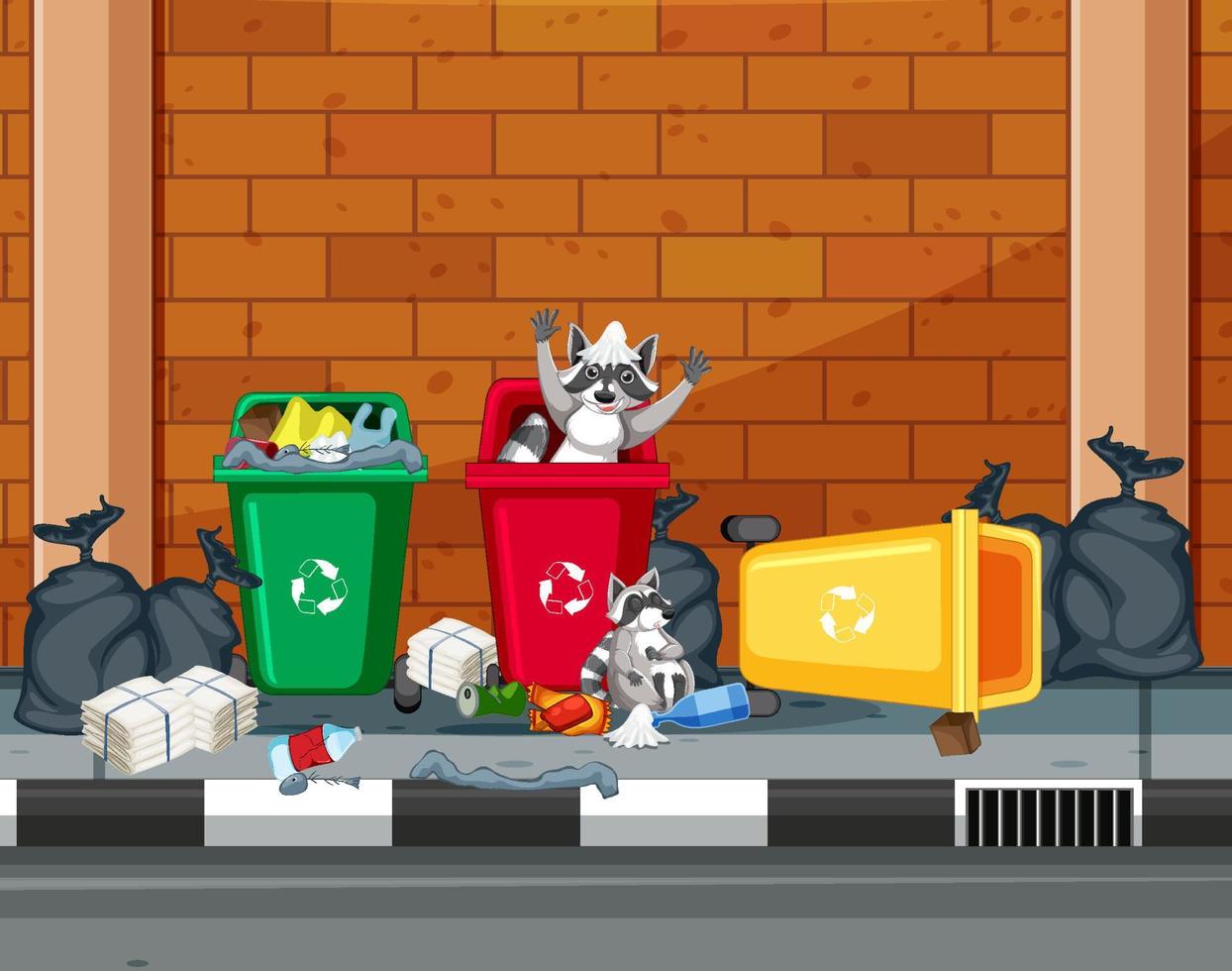 Street scene with raccoons eating from trash vector