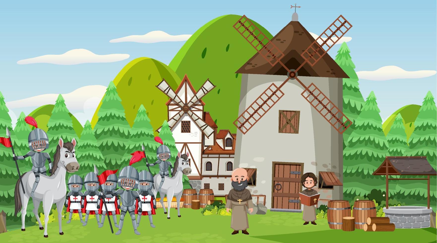 Medieval town scene with villagers vector