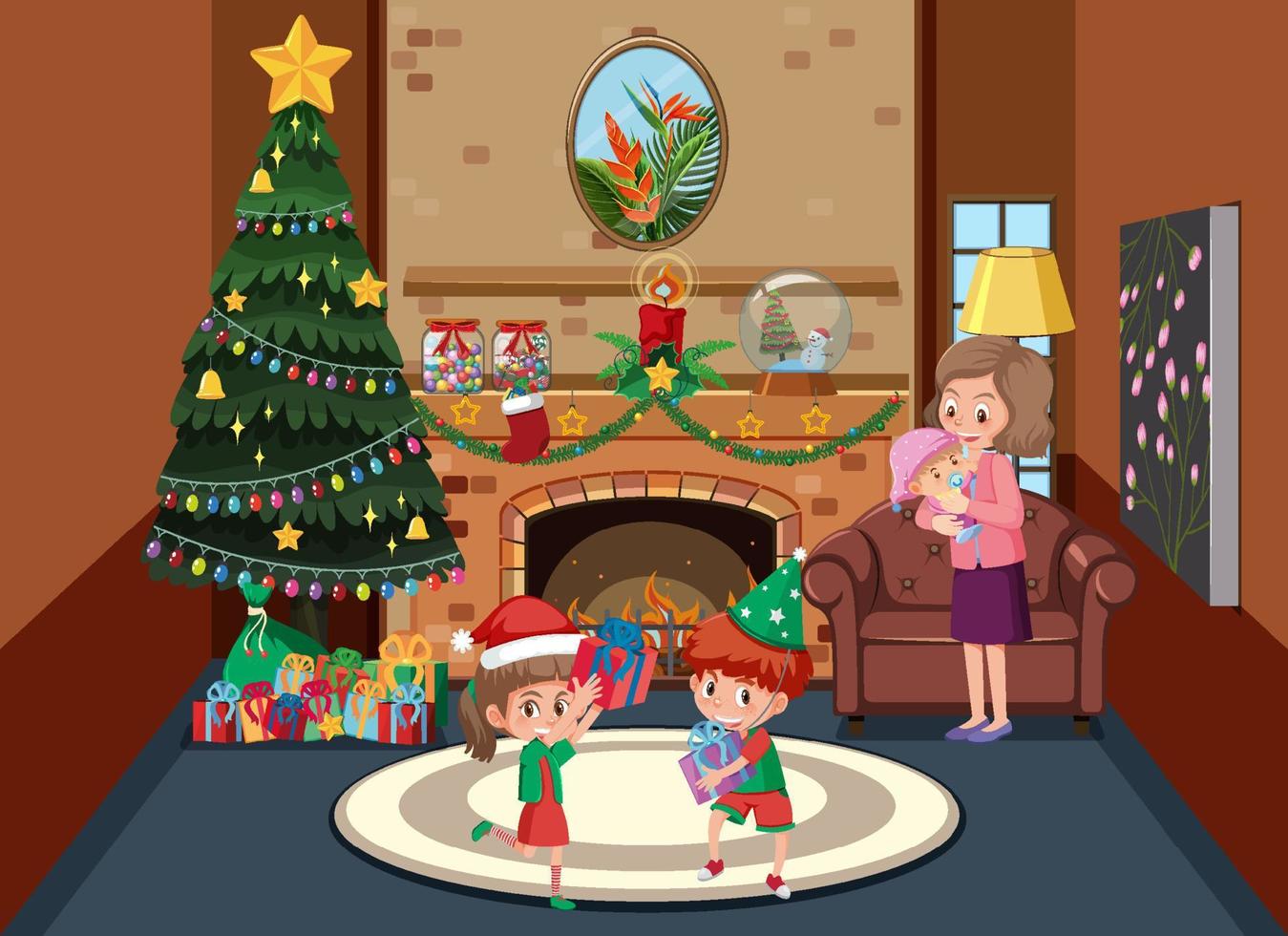 Living room decorated for christmas with family members vector