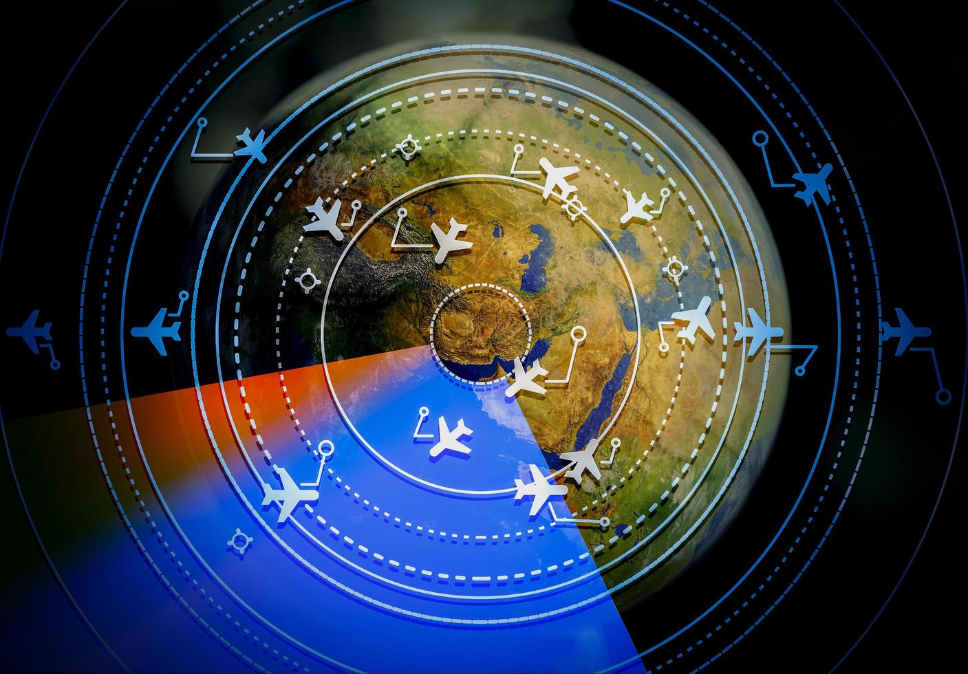 Simulated screen showing different flights for transport and passengers with the world as a background photo
