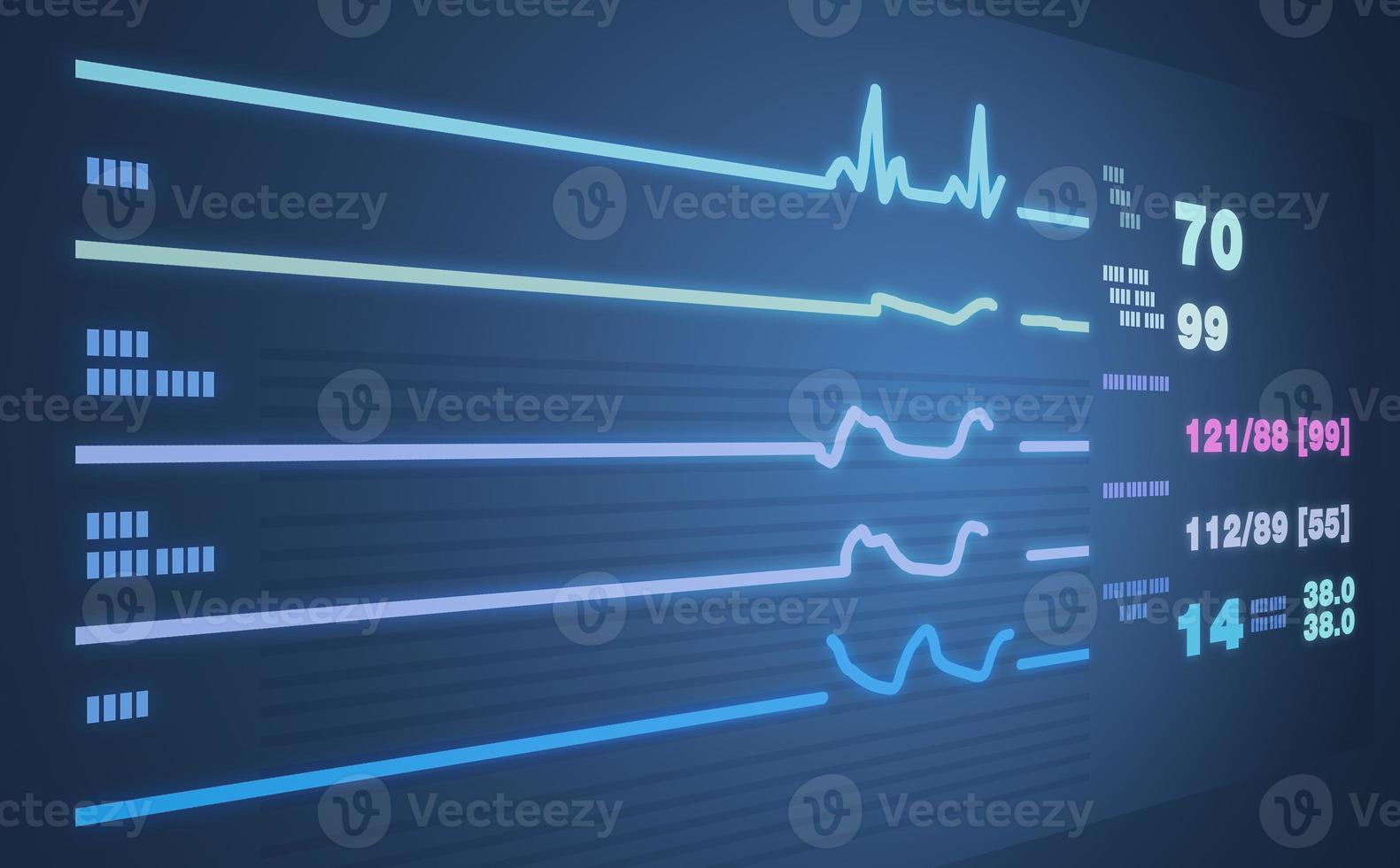 monitor de paciente que muestra signos vitales ecg y ekg. ilustración vectorial foto