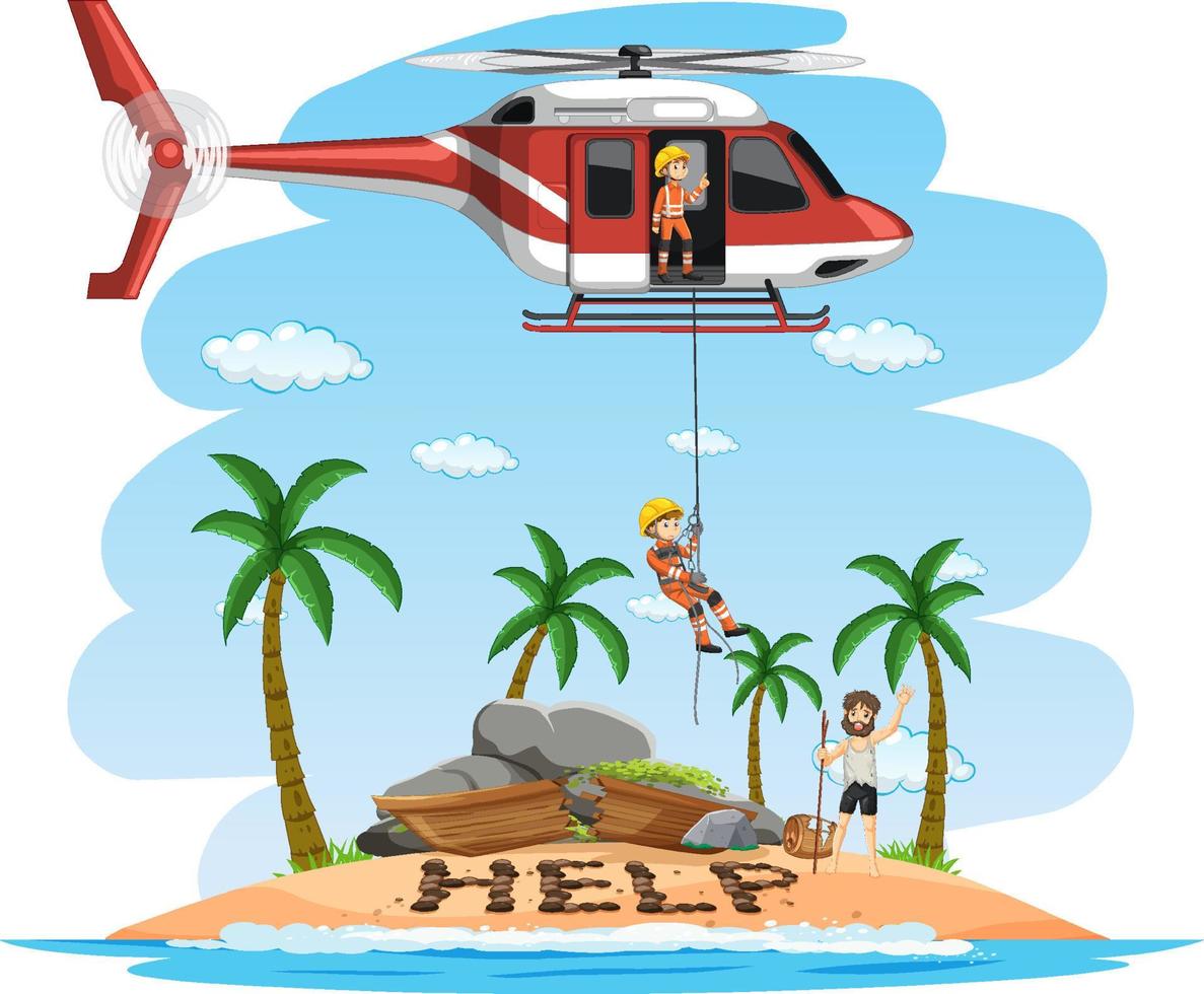 escena de la isla con rescate en estilo de dibujos animados vector
