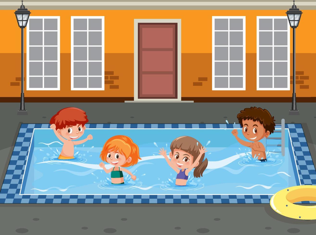 Outdoor swimming pool scene with children vector