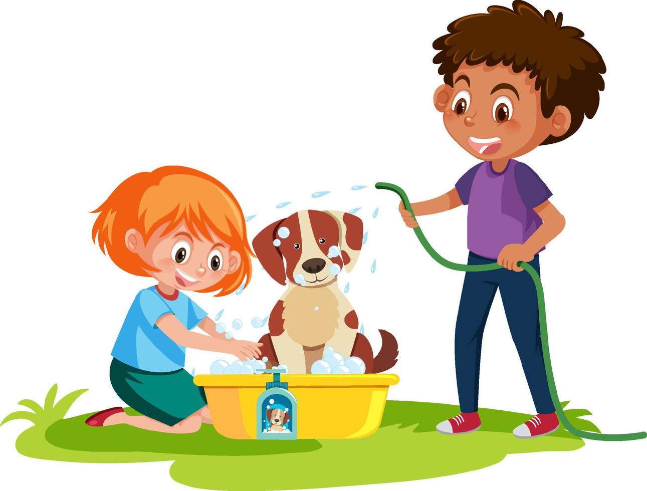 lindo perro toma un baño con un niño y una niña vector