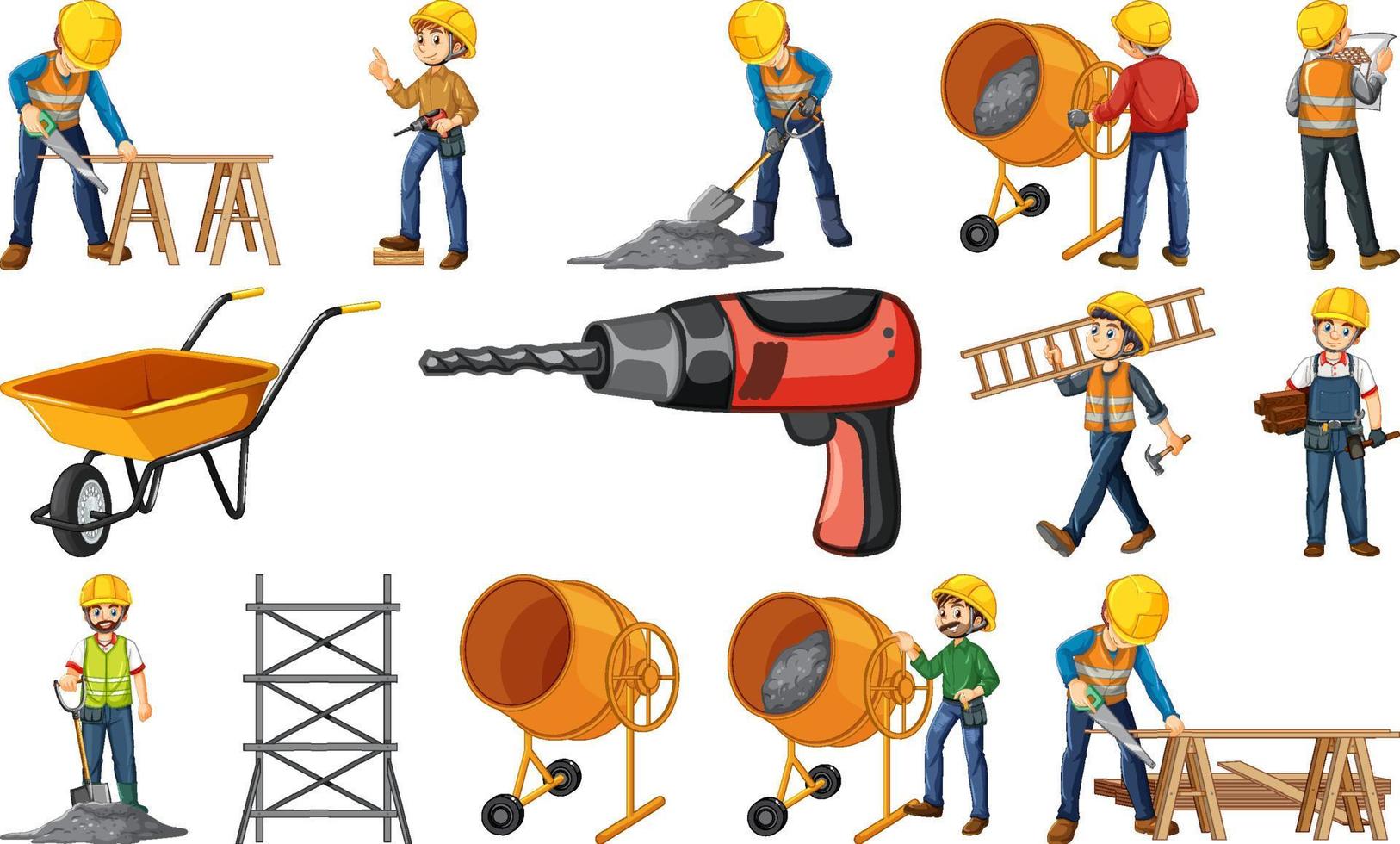 Construction worker set with man and tools vector