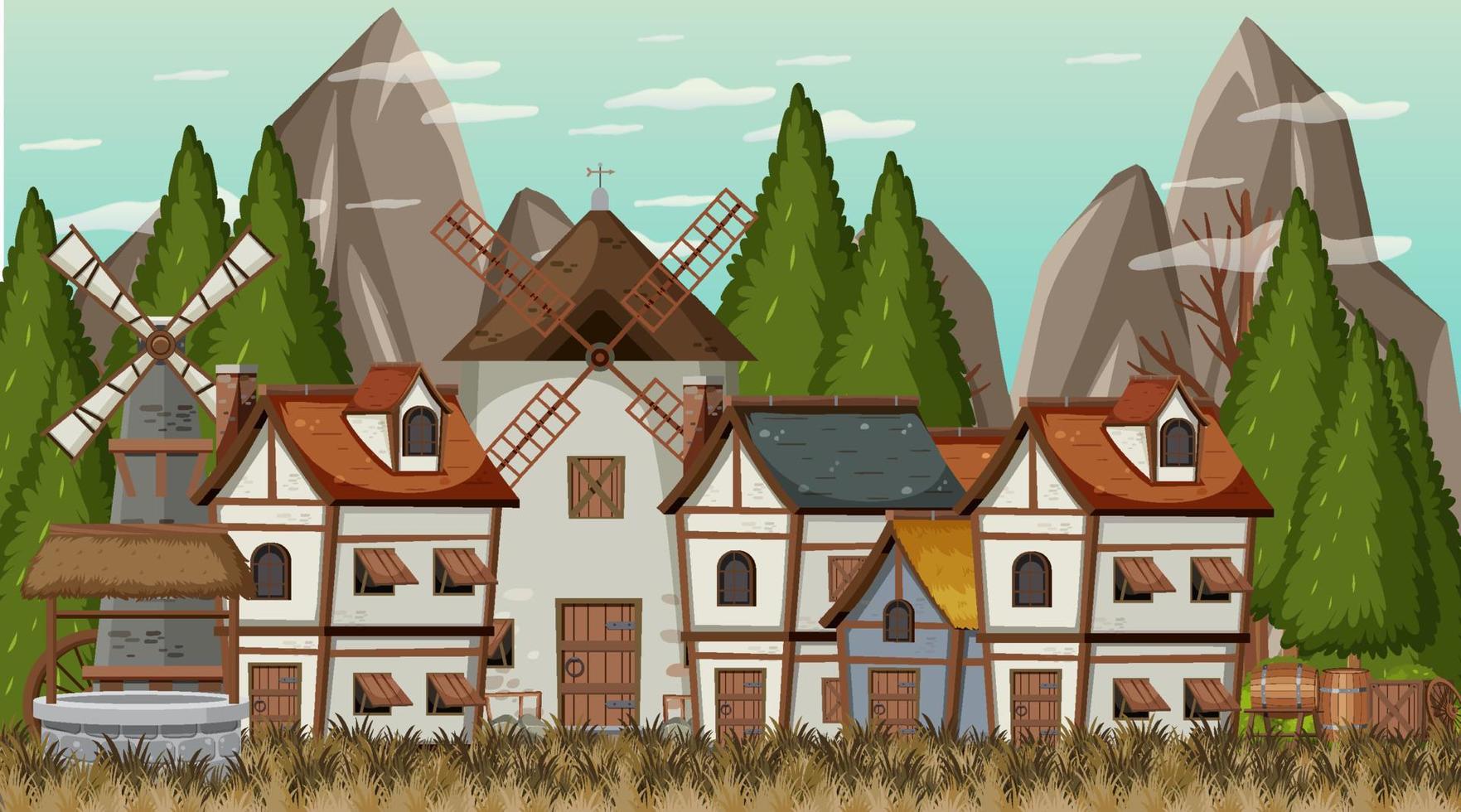 Medieval town scene background vector