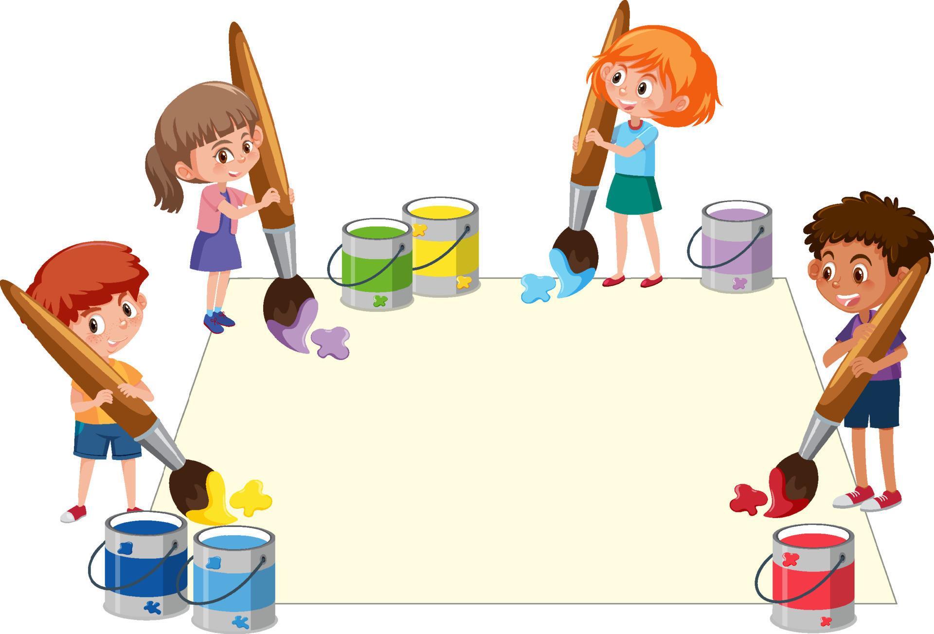 Many children holding colour brushes 6591040 Vector Art at Vecteezy