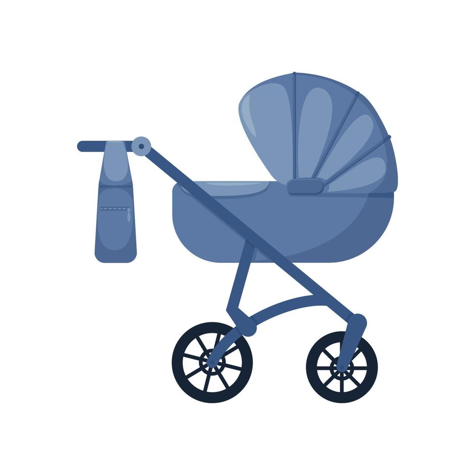 el cochecito de bebé es azul con bolsa para cosas de niños, aislado en fondo blanco. cochecito de bebé para caminar con recién nacido. carro de bebe modular. productos para niños vector