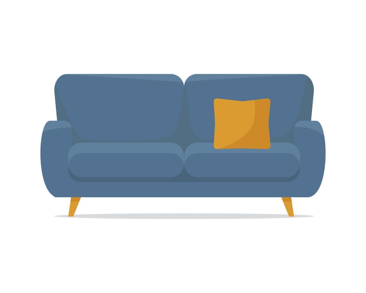 sofá azul suave moderno con cojín decorativo amarillo, aislado sobre fondo blanco. diseño de elementos del interior del hogar. Acogedor mobiliario doméstico o de oficina. vector