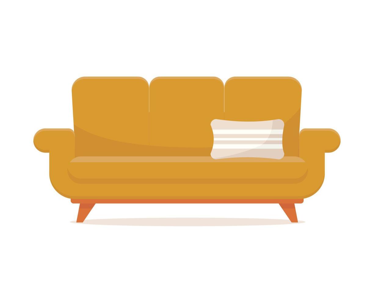 Modern yellow sofa with striped decorative pillow on wooden legs, isolated on white background. Element design of home interior. Cozy Domestic or Office Furniture vector