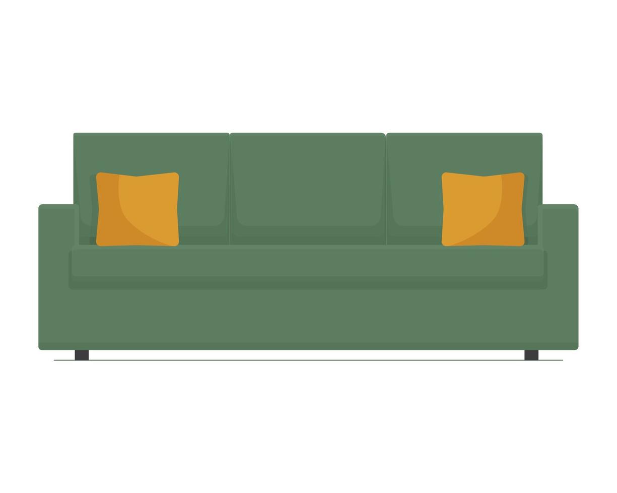 Modern green triple sofa bed with two yellow decorative pillows, isolated on white background. Element design of home interior. Cozy Domestic or Office Furniture vector