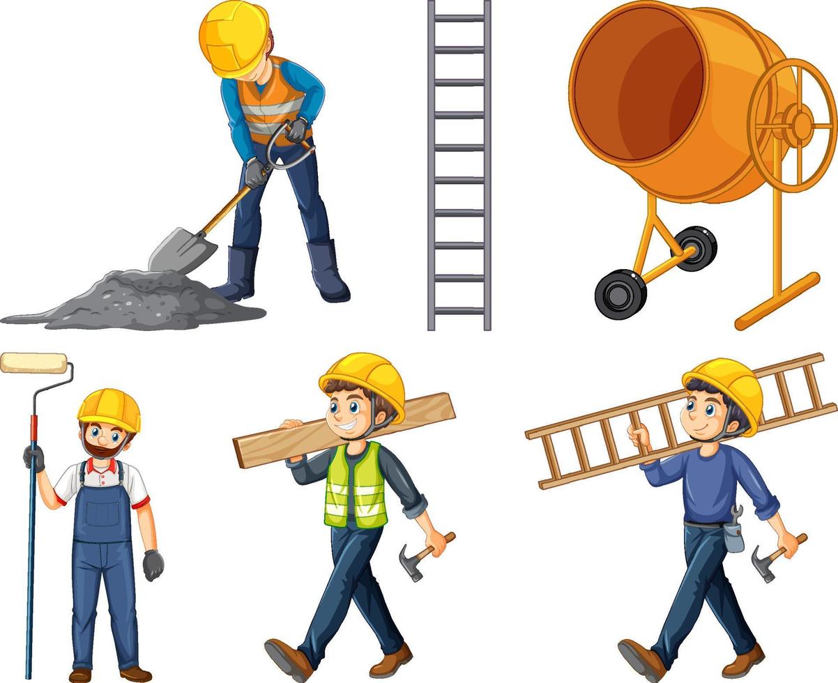 Construction worker set with man at work vector
