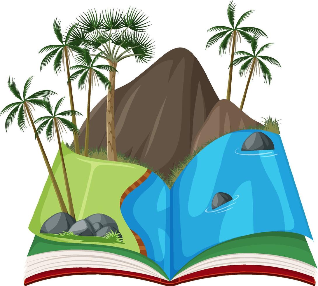 libro con montaña y río vector