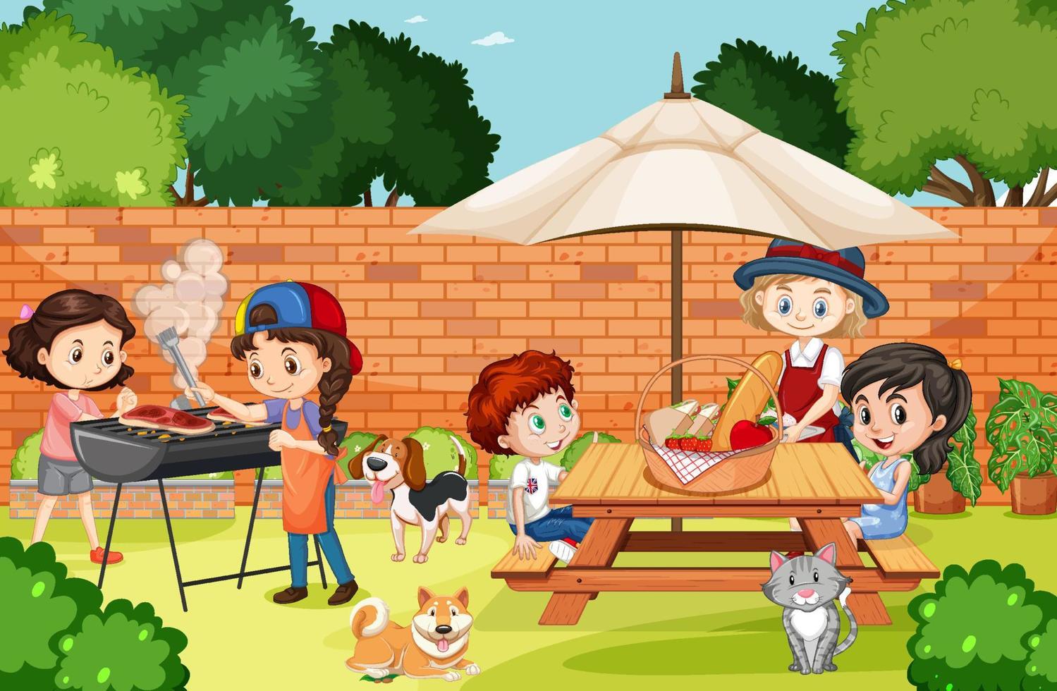 Scene of backyard with kids and fence vector