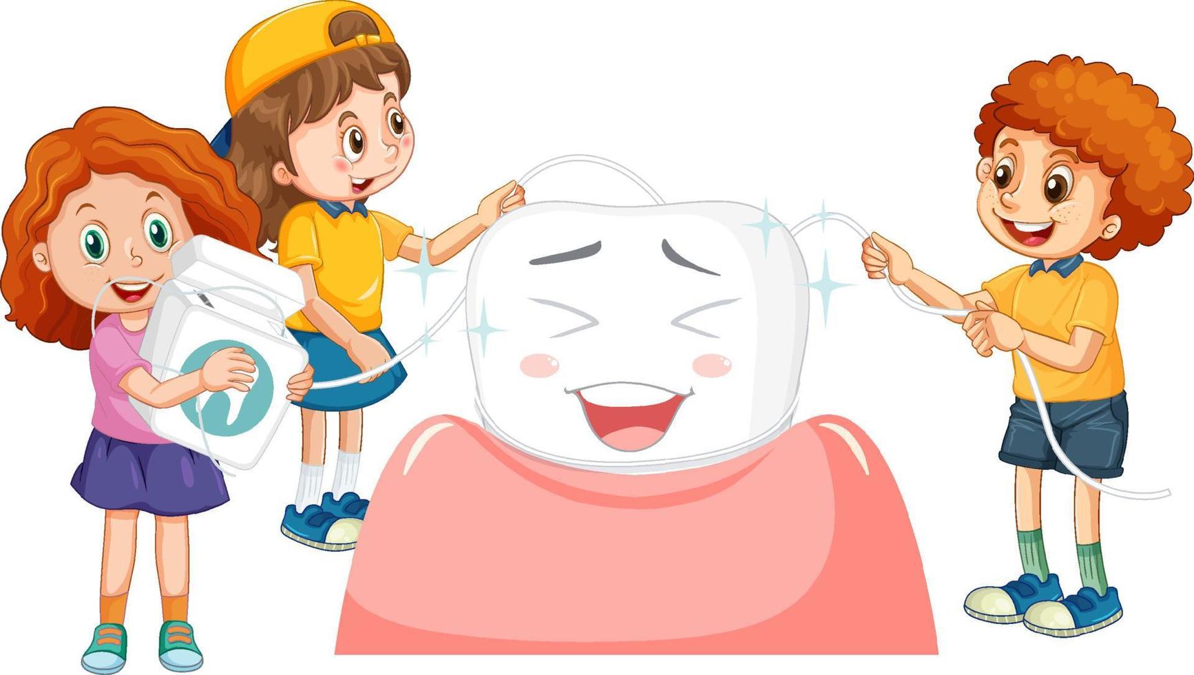 Children polishes the teeth using dental floss on white background vector