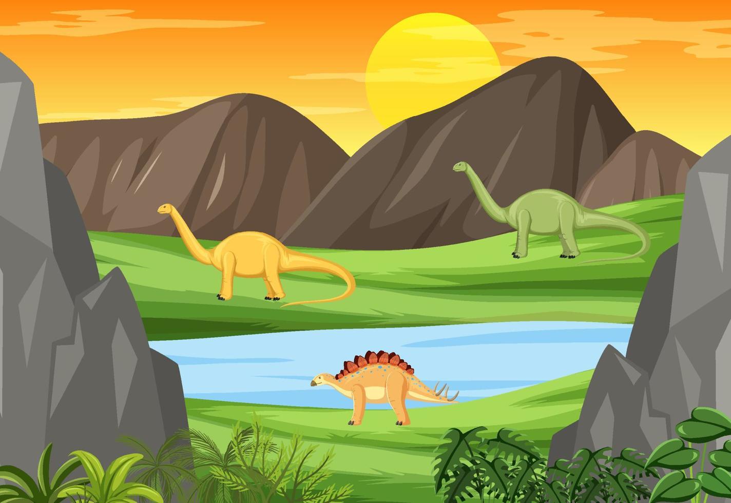 Nature scene with trees on mountains with dinosaur vector