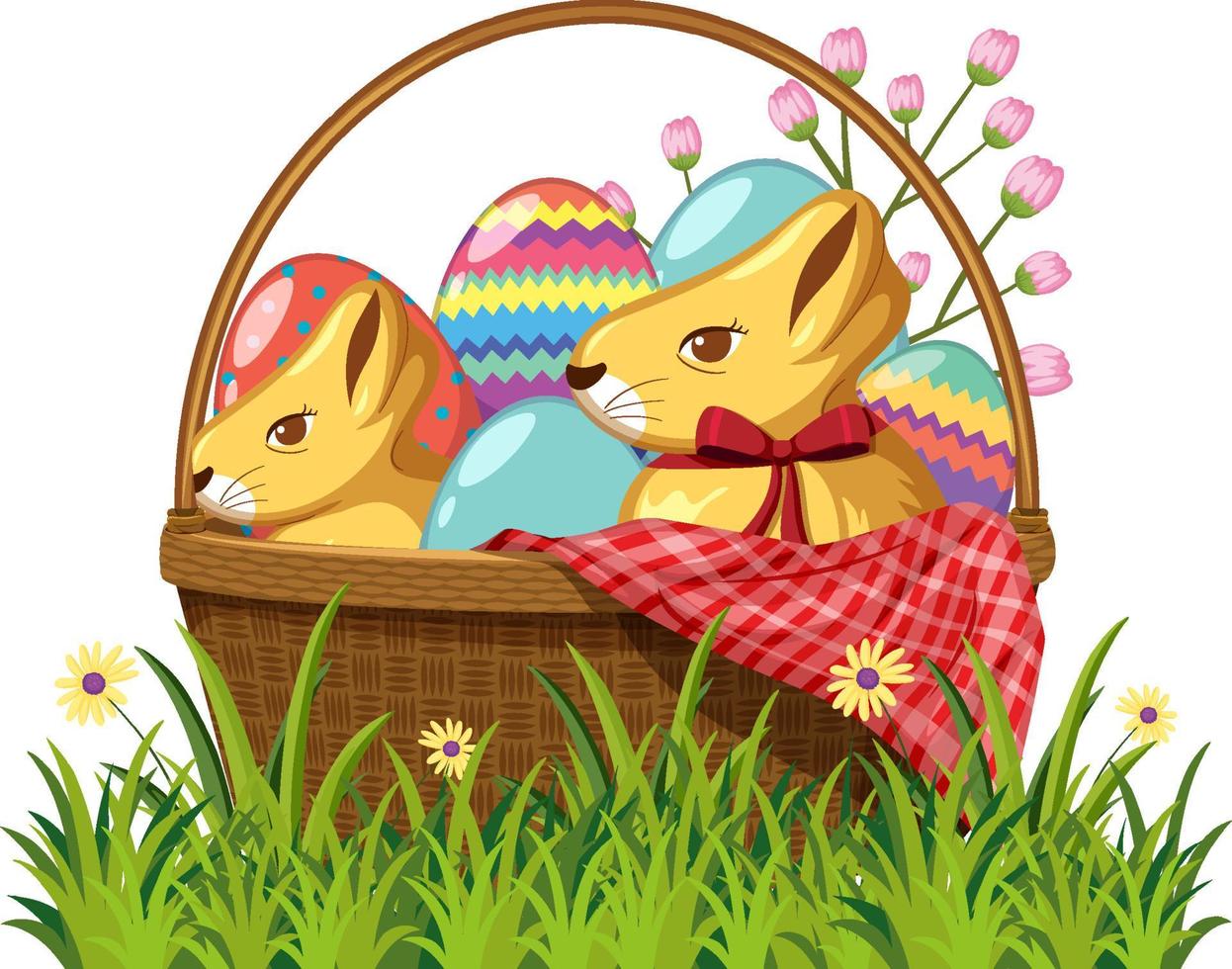 Basket full of eggs and chocolate in garden vector