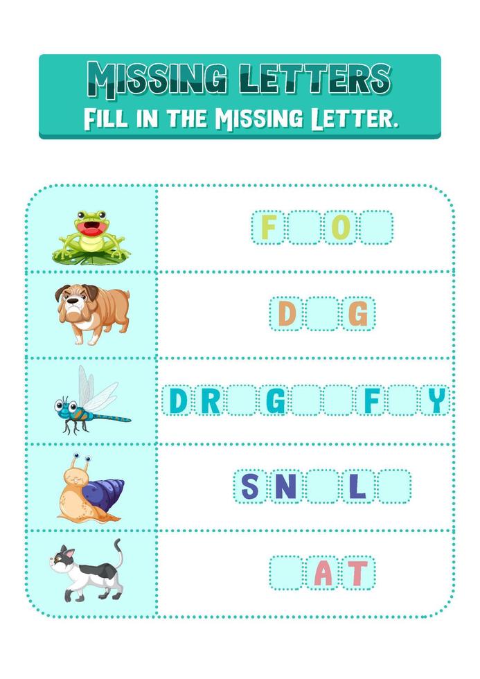 Fill the missing letter of each word worksheet for children vector