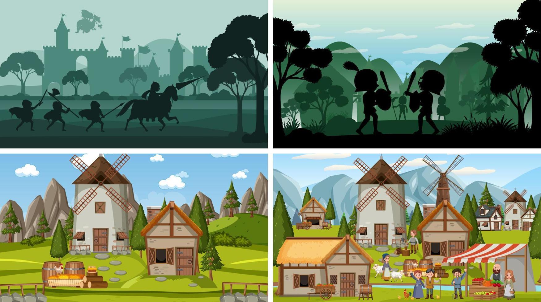 Set of different scene medieval with silhouette vector