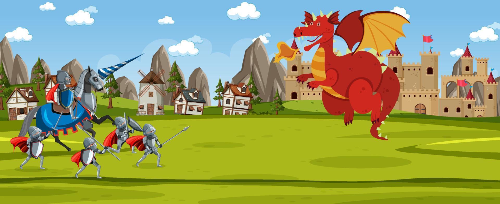 Scene with knight and dragon in fairytale land vector