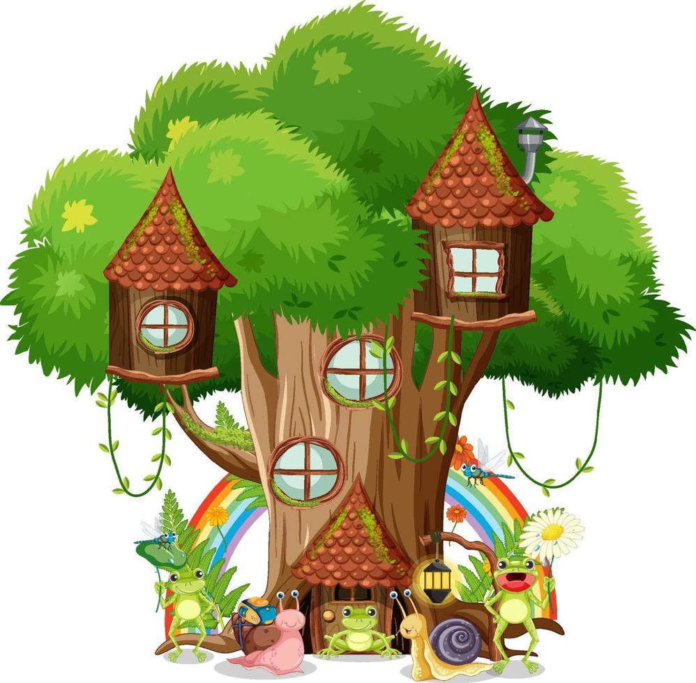 Happy insect cartoon at fairy tree house vector