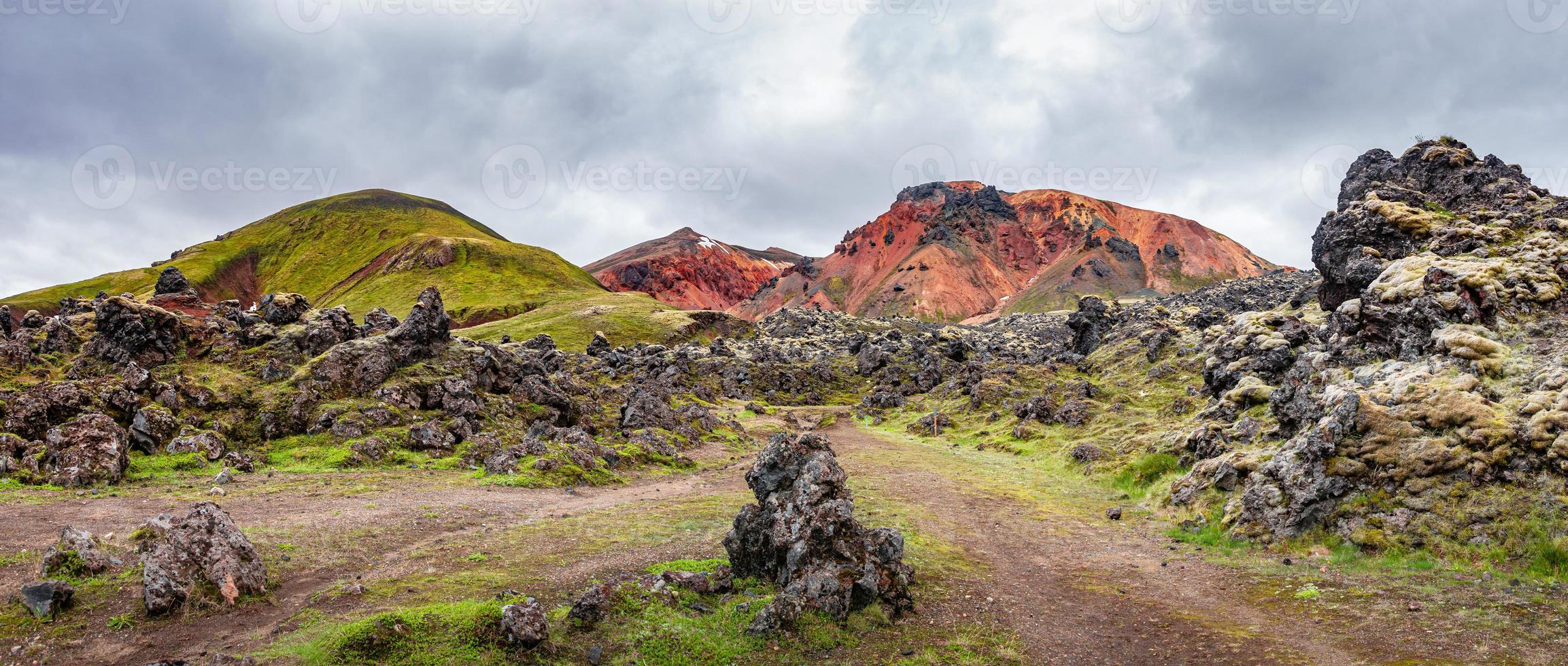 Beautiful panoramic Icelandic landscape of colorful rainbow volcanic Landmannalaugar mountains, at famous Laugavegur hiking trail with dramatic snowy sky, and red volcano soil in Iceland. photo