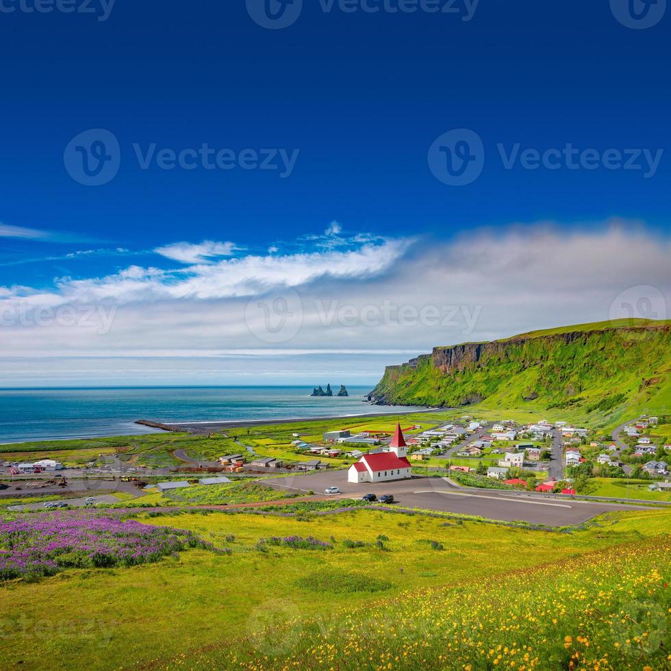 View of basalt stacks Reynisdrangar, volcanic black sand beach and violet lupine and yellow meadow flowers at Vik town, South Iceland, at summer sunny day and blue sky. photo