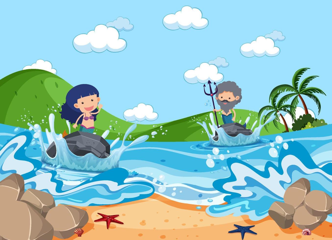 A water splash scene with mermaid on a stone vector