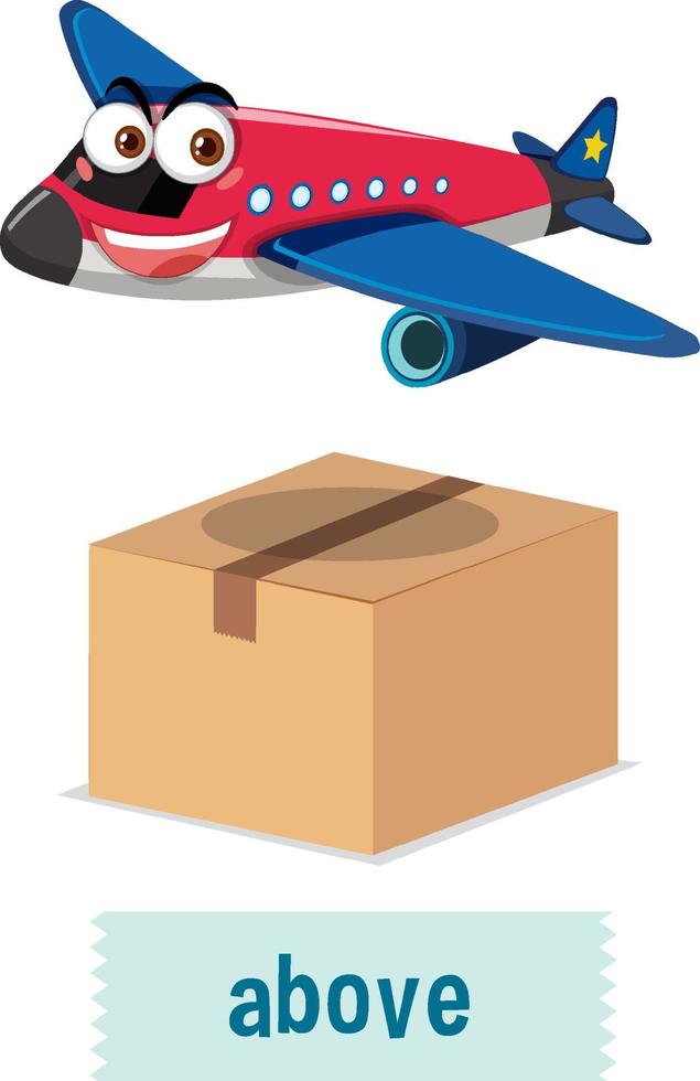 Preposition wordcard with airpalne aboe box vector